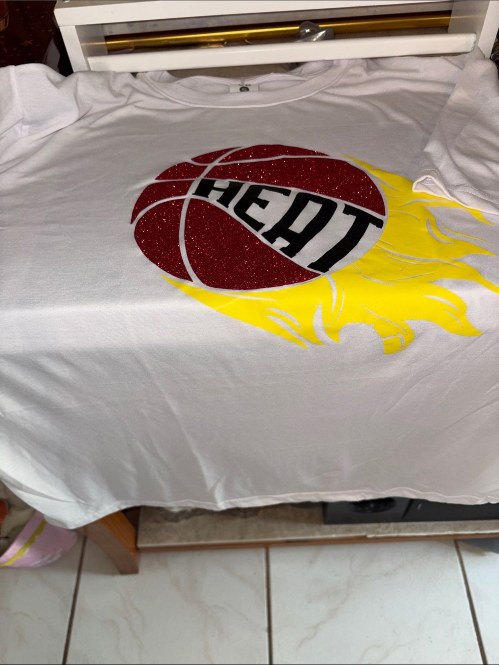 White T‑shirt with Glitter Red 'HEAT' Basketball and Yellow Flames